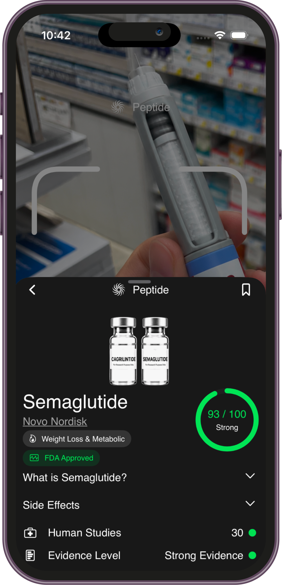 Peptides app scan showing a semaglutide profile